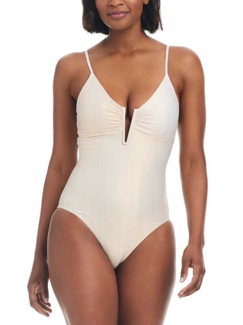Bar Iii Women's V-Wire Plunge-Neck One-Piece Swimsuit, White/Gold Shimmer - Picture 2 of 3